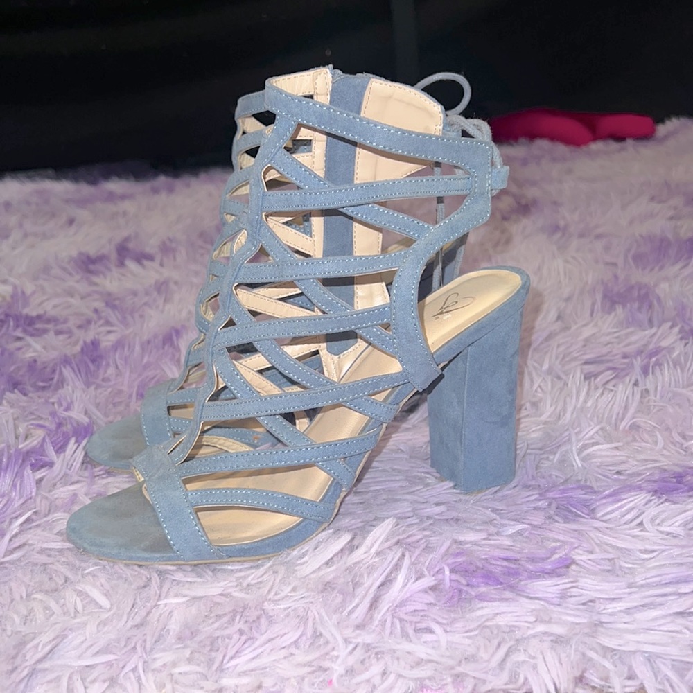 Baby Blue suede block heel